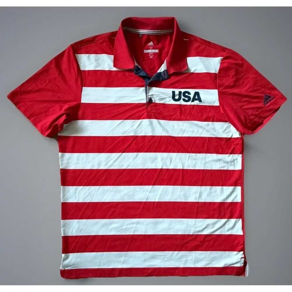 Adidas Golf Short Sleeve Polo Shirt USA Red Gray Striped Logo Medium JBHS